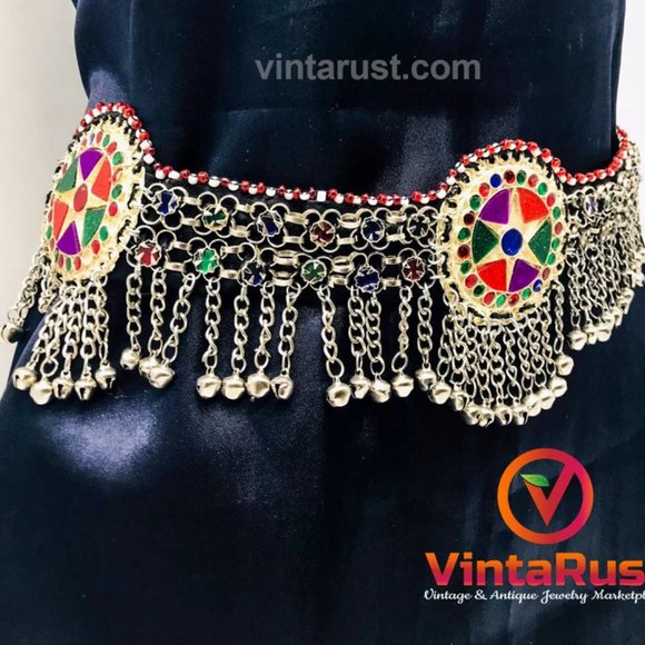 Afghan Kuchi Belt, Belly Dance Belt, Kuchi Belt With Multicolor Glass Stones - Picture 7 of 10